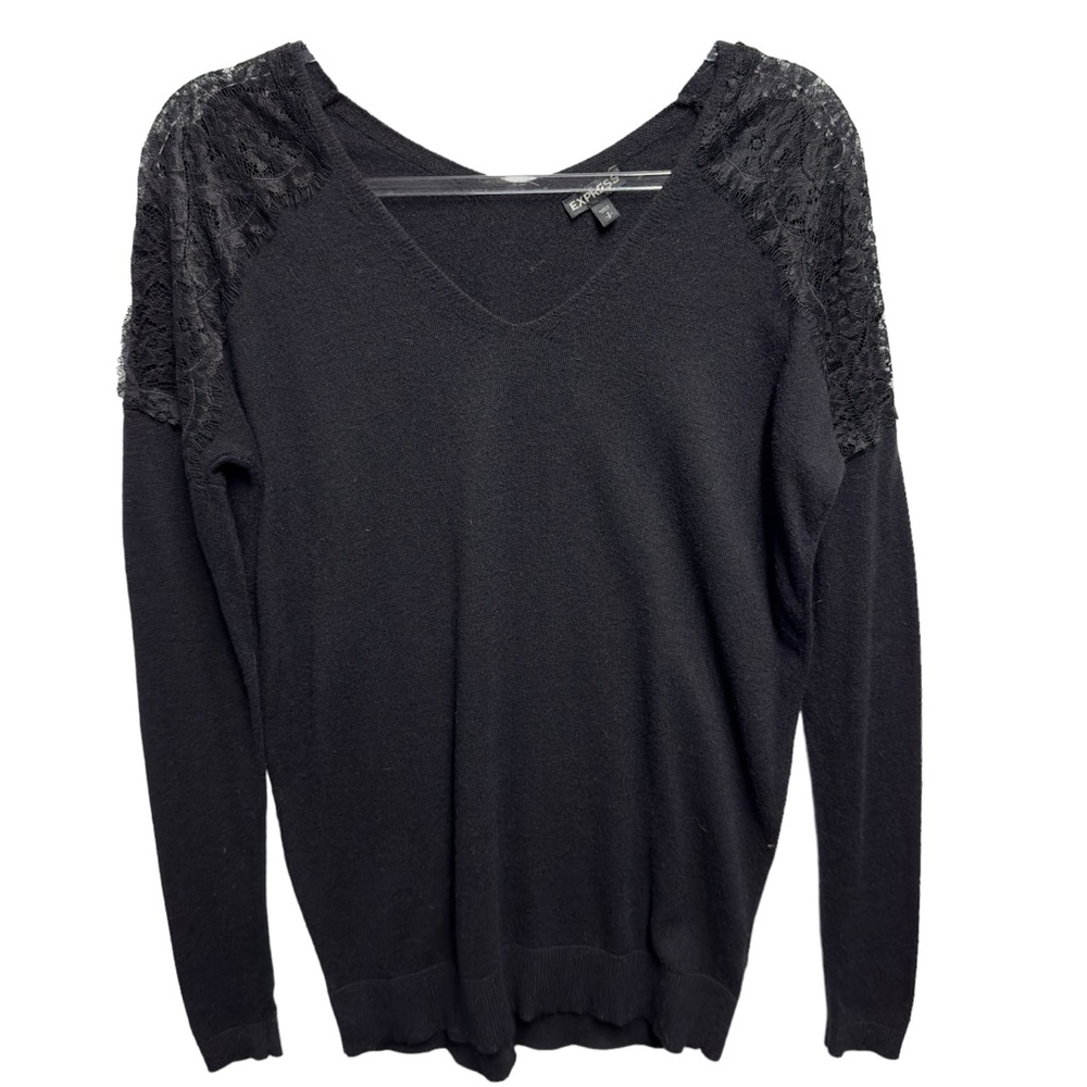 Wool Rayon Knit Lace Shoulders Mixed Media Sweater Pullover Jumper